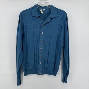 Vintage Ban-Lon Mens Blue Textured Knit Button Front Cardigan Sweater Small 60s